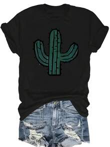 Camiseta con estampado de cactus, unisex, de verano, casual, transpirable, de cuello redondo, de manga corta, ropa de calle, versátil, adecuada para adolescentes y adultos - Negro - Ver 1
