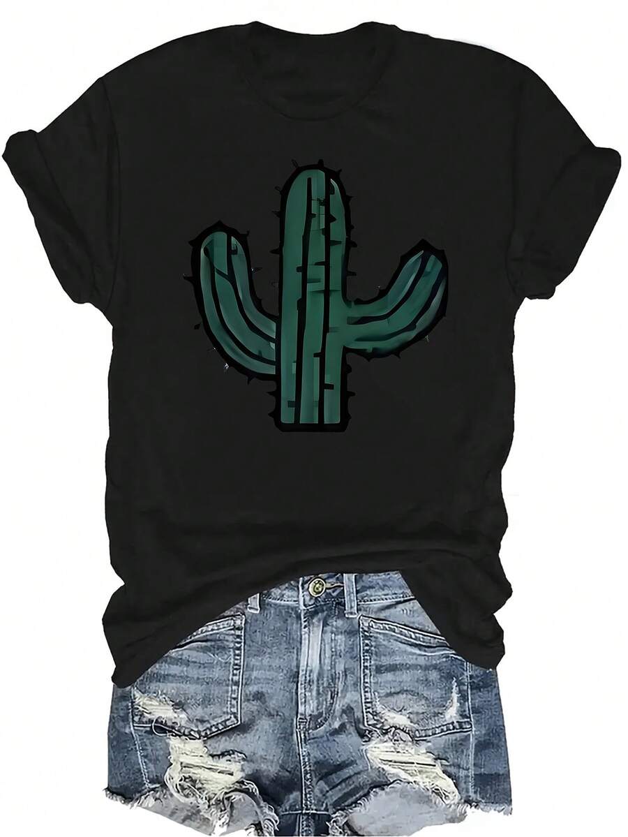 Camiseta con estampado de cactus, unisex, de verano, casual, transpirable, de cuello redondo, de manga corta, ropa de calle, versátil, adecuada para adolescentes y adultos - Negro - Ver 1