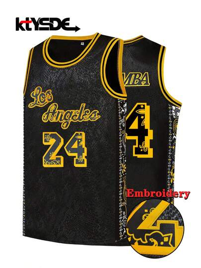 KTYSDE Men's #24 Snake Skin Basketball Jersey, "Los Angeles" Graphic Print + Embroidery Design, Retro Basketball Style For Fans And Mamba Spirit Followers, Suitable For Basketball, Sports, Running, Streetwear, Black Spring