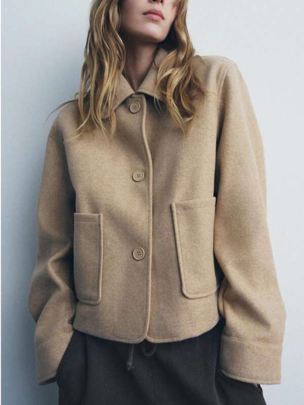 Chaqueta corta de lana suave de estilo europeo y americano para mujer, de moda y con bolsillo, para uso diario en otoño/invierno