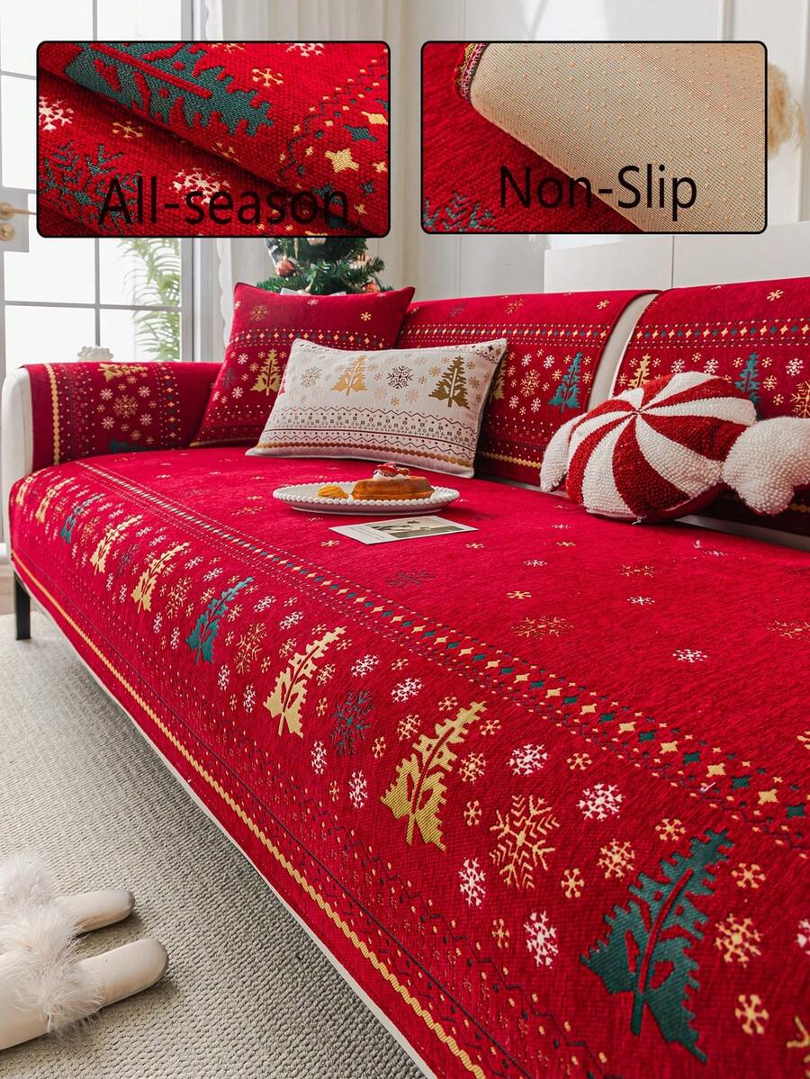 1pc Red Christmas Sofa Cover, Soft & Comfortable, Can Be Spread Or Draped, Dust-Proof & Dirt-Resistant, Machine/Hand Washable, Pet Furniture Protector, Suitable For 2/3/4 Seater Sofas (Multiple Sizes Available), Suitable For Autumn Decor, Room Decor, Back To School, School Supplies - Red - View 1