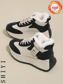 女士厚底保暖内衬休闲保暖雪地靴，适合秋冬季 - 黑色 - 查看 1