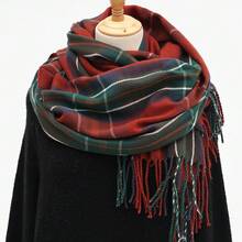 1条女士格子流苏围巾，秋冬披肩 - 聖誕紅格子 - 查看 2
