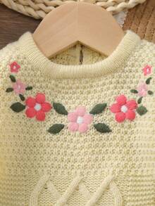 Baby Girls' Cute Floral Embroidery Long Sleeve Footie Jumpsuit, Autumn/Winter - Yellow - View 2