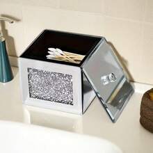 1pc Rhinestone Mirror Glass Desktop Storage Box - Covered Dust-Proof Jewelry Box | Hair Clip & Tie Organizer | Toothpick Box | Crystal Cleaning Wipe Box - Silver - View 8