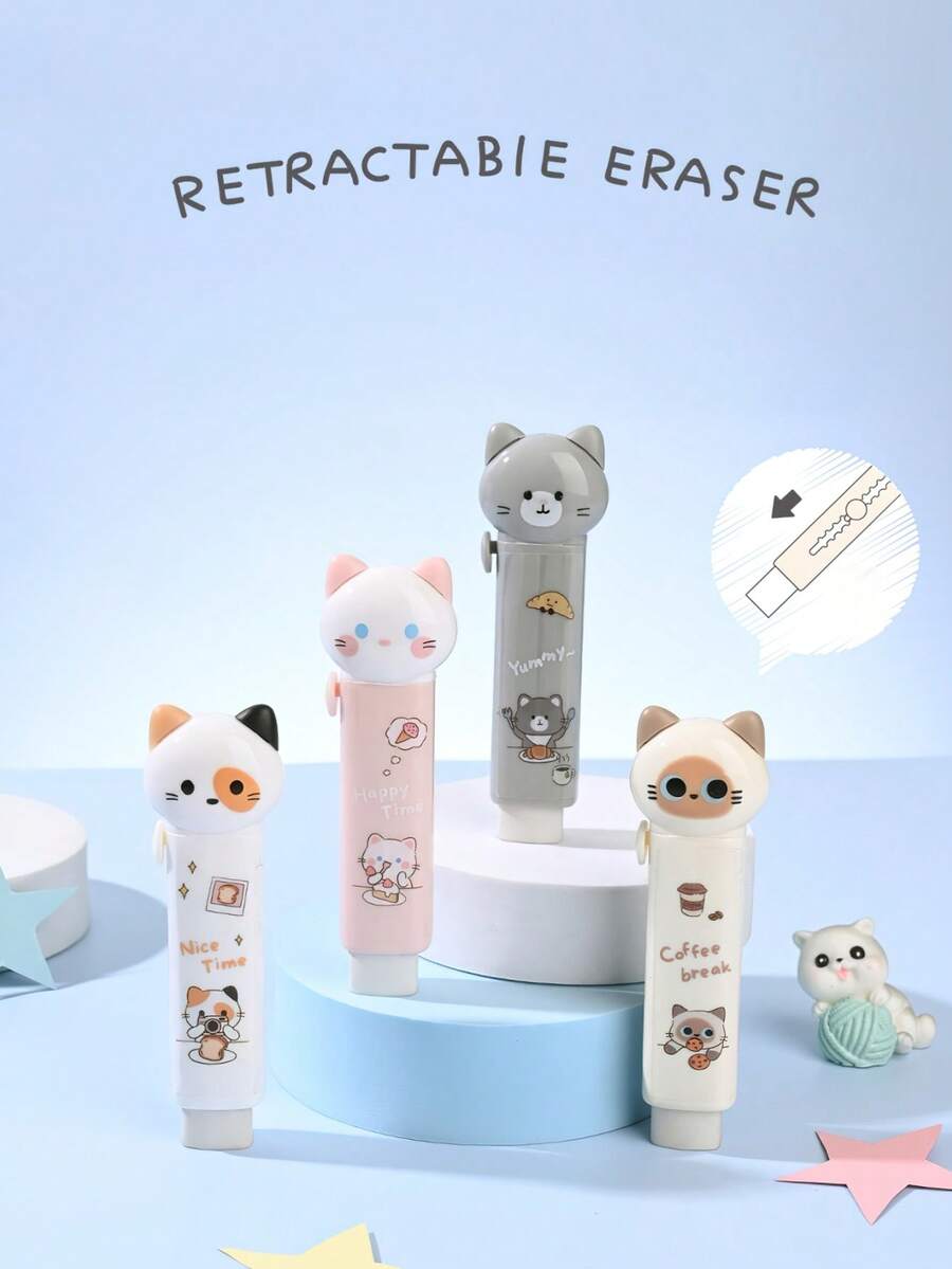 1pc/2pcs/4pcs Kawaii Cat Retractable Eraser, Push-Pull Design Cartoon Kitties Style Less Dust Cleaning Tools For Pencil Correcting, Student Back To School Gift Reward - Multicolor - View 1