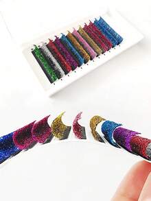 1 Case 12 Rows Glitter Eyelash Summer Colorful Shiny Lashes Wedding Concert Party Eye Lash 10-15mm Silvery Blue Green Purple Pink Yellow Gold Eyelashes - 彩色的 - 查看 3