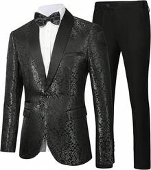 Men's Floral Dinner Party Prom Wedding Stylish Suits For Men One Button Dinner Jacket Pants Sethalloween - 黑色-2件 - 查看 1