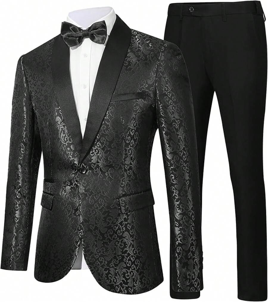 Men's Floral Dinner Party Prom Wedding Stylish Suits For Men One Button Dinner Jacket Pants Sethalloween - 黑色-2件 - 查看 1