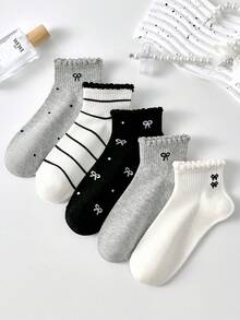 10pcs/6pcs Women's Cute Striped Bow, Polka Dot Pattern Ankle Socks, White Socks, Black Socks, Suitable For Daily And Casual Wear, 2pcs
