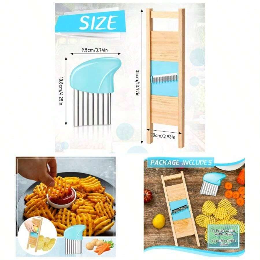 2 Pcs Wave Waffle Crinkle Cutter Set Stainless Steel French Fry Cutter Potatoes Slicer Crinkle Choppers Potato Lattice Carrot Chip Maker Kitchen ToolsBlue - Blue - View 1