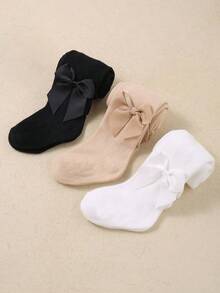 1/2/3 双黑白卡其色女婴蝴蝶结装饰连裤袜，婴幼儿休闲打底裤袜，婴儿必备户外派对度假旅行连裤袜，柔软透气新生儿必备秋冬保暖长袜，万圣节圣诞节礼物 - 彩色 - 查看 6