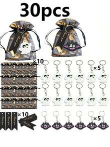30pcs Halloween Keychain Pendant Gift Pack, Cute Bat & Ghost Keychain Decor, Comes With Organza Bag And Thank You Card, Suitable For Halloween Gifts, Halloween Party Decorations, Halloween Gifts - Multicolor - View 9