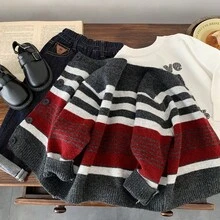 Korean Style Casual Striped Knit Cardigan For Toddler Boys, Loose Retro Sweater Jacket, Autumn 2025 New Arrival