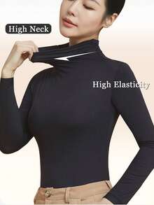 女士立领无缝打底衫，女士保暖长袖上衣，秋季超薄保暖内衣，纯色保暖内衣，长袖无缝打底衫，修身高弹打底衫，轻薄透气上衣，秋冬季休闲纯色轻薄保暖打底衫 - 黑色 - 查看 3
