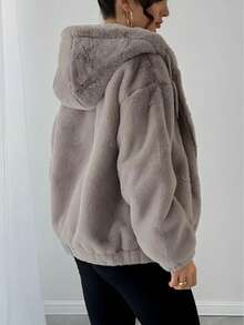 Women's Faux Fur Jacket For Winter, Solid Color With Strong Texture, Hooded With Drawstring, Casual College Style, Soft, Warm, Comfortable And Elegant - Grey - View 3