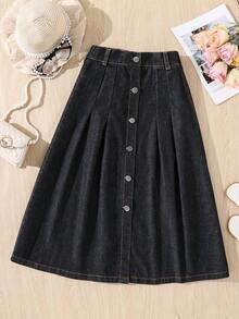 Girl's Casual Minimalist Front Button A-Line Denim Maxi Skirt, Suitable For Outings And Gatherings, All Seasons