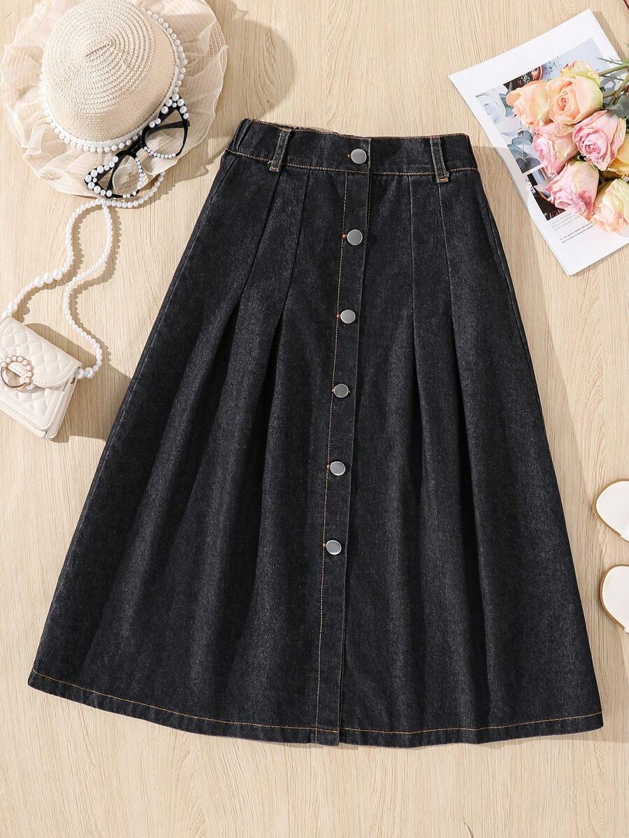 Girl's Casual Minimalist Front Button A-Line Denim Maxi Skirt, Suitable For Outings And Gatherings, All Seasons