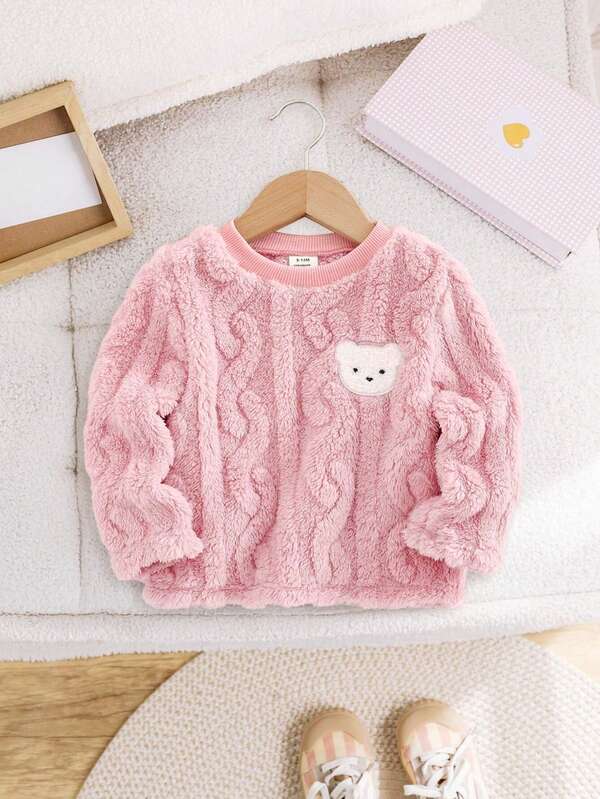 Baby Mädchen einfache & bequeme Herbst/Winter Top, Säugling einfarbiger flauschiger Sweatshirt mit Rundhalsausschnitt & Bären Aufdruck, Langarm Außenbekleidung für Baby Mädchen, geeignet für Outdoor, Alltag, Lässig, Geschenk, Party, 0-1-2-3 Jahre, 6-9 Monate