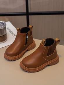 1 Pair New Leather Upper Soft Sole Side Zipper Classic Versatile Chelsea Boots, Unisex Infant/Toddler, Suitable For Spring & Autumn