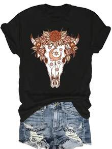Camiseta con diseño de cráneo de vaca para vaqueros y vaqueras, de estilo casual y transpirable, de cuello redondo y manga corta, versátil, adecuada para adolescentes y adultos - Negro - Ver 1