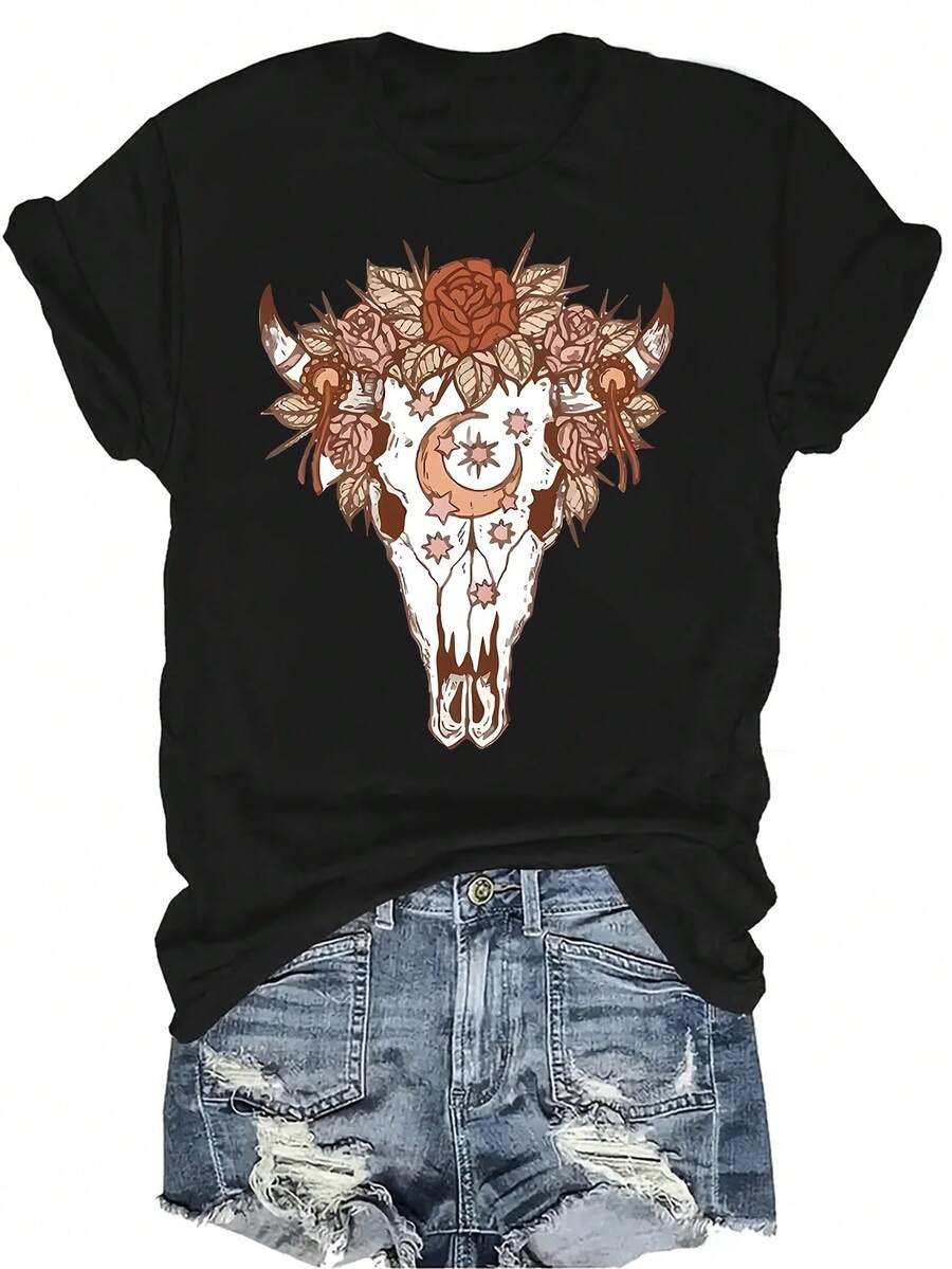 Camiseta con diseño de cráneo de vaca para vaqueros y vaqueras, de estilo casual y transpirable, de cuello redondo y manga corta, versátil, adecuada para adolescentes y adultos - Negro - Ver 1