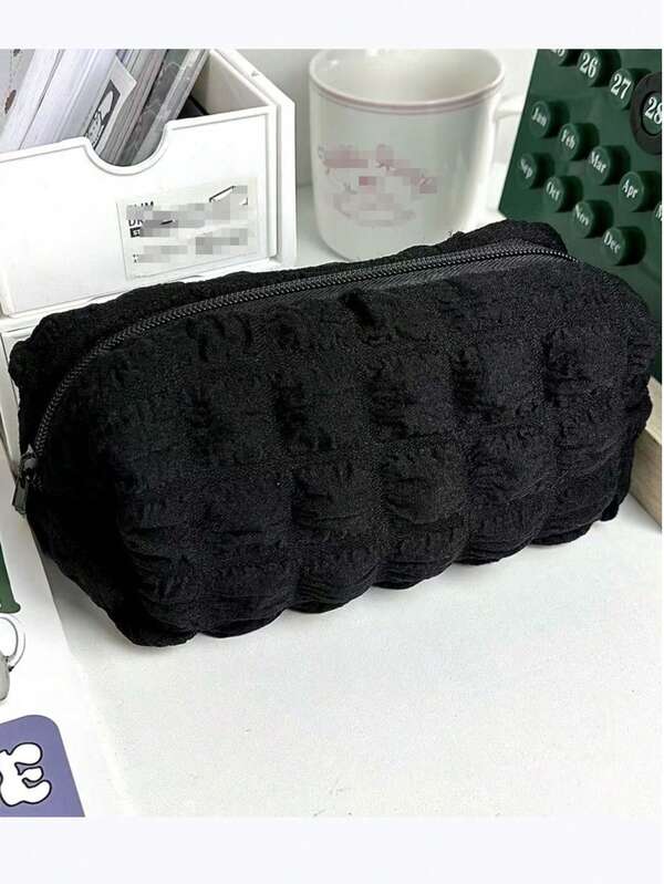 1 pieza/2 piezas Estuche de lápices de tela de burbuja de crema, estuche de lápices simple, bolsa de almacenamiento de artículos de papelería y cosméticos para estudiantes