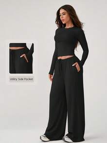 NcmRyu 1 Set Damen bequemer, lässiger, einfarbiger, rundhalsiger, weiter, gerade geschnittener, locker sitzender Langarm Fitness, Workout, Outdoor Sport Anzug