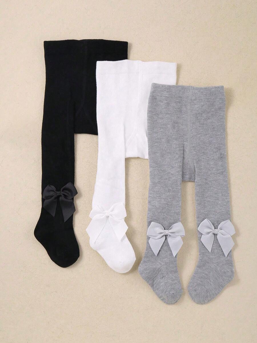 1/2/3 双黑白卡其色女婴蝴蝶结装饰连裤袜，婴幼儿休闲打底裤袜，婴儿必备户外派对度假旅行连裤袜，柔软透气新生儿必备秋冬保暖长袜，万圣节圣诞节礼物 - 彩色 - 查看 1