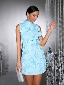 New Elegant Women 3D Floral Decor Long Sleeve Bowknot Fitted Mini Dress, Suitable For Valentine's Day, Bridesmaid, Formal Evening Party