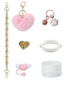 7 pièces Ensemble d'accessoires de tasse multicolore, convenant pour les accessoires de tasse de 40 onces, ensemble de tasse en silicone multiflash, comprenant un couvercle de paille en forme de cœur, une sangle de tasse en osier, un pendentif en boule rose en forme de cœur et un ensemble d'accessoires en forme de patte de chat