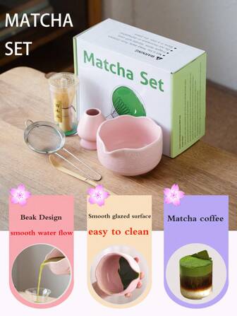4 delar/set av matcha-vispar i keramik och bambu, inkluderar skål, bambuvisp, matcha-visp och rosa präglad körsbärsblomsskål, matcha-skopa och keramisk visphållare, keramisk reseservis, lämplig för japansk matcha-ceremoni, matcha-älskare, hemmatebjudning, bröllopspresent, mors dag-present, present till mamma, present till flickvän