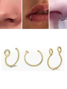 3Pcs Stainless Steel Fake Nose Ring For Women Gold/Silver/Black Septal Ring C Clip Ring For Unisex, Fake Piercing Body Jewelry Non Piercing