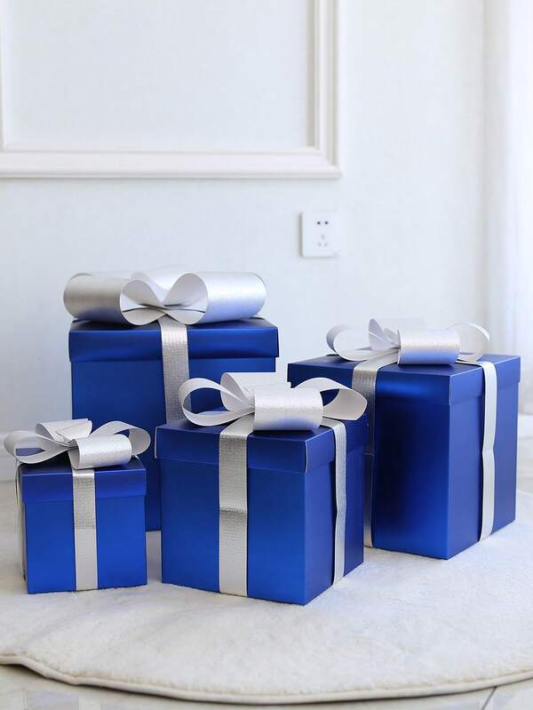 4pcs Set Matte Blue Lid Bow Ribbon Decor Gift Box, Photography Prop For Christmas Party, Gift Packaging, Backdrop Decoration Home Decor Christmas Decorations Room Decor Winter
