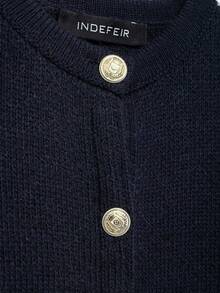 DEEKA Women's Fashionable Casual Minimalist Gold Button Accent Knit Cardigan, Spring/Autumn - Navy Blue - View 8