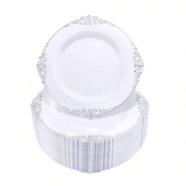 100/50/25/12pcs Silver Plastic Plates, White Base With Embossed Dragon Pattern Silver Rim, Elegant Reusable Party Plates/Cake Plates, 7.5 Inch/10.25 Inch Size Options, Suitable For Outdoor, Birthday Party, Wedding, Christmas