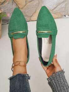 43 Wide Fit Pointed Toe Slip-On Flats With Gold Stripe Decor, Comfortable Casual Ballet Flats For Daily Outdoor Wear, Spring/Autumn - Green - View 8