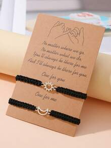 Goodwaro 2pcs Creative Metal Sun & Moon Handmade Couple Bracelets, Suitable For Girlfriends, Best Friends, Sisters, Daily Wear, Comes With Card Packaging - Black - View 3