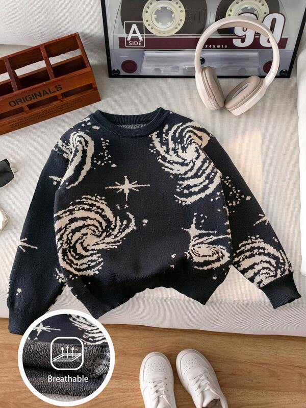 Boys' Street Abstract Pattern Knit Pullover Sweater, Versatile For Daily Wear, Spring/Autumn/Winter