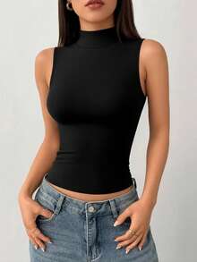 Women's Turtleneck Tank Top, Basic Casual Elegant Blouse - Negro - Ver 2