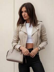 休闲复古斜拉链仿麂皮绒短款夹克 - 杏色 - 查看 3