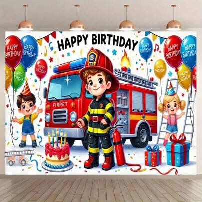 2D 单件消防员生日派对背景 - 卡通消防员、消防车和消防员主题派对装饰、2D 平面涤纶旗帜、室内/室外使用多种尺寸、消防员礼物