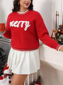 Plus Size Letter Embroidery Contrast Trim Casual Sweater