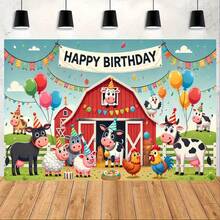 2D 1 Stück Bauernhof Tier Geburtstags Party Hintergrund - Lebendiger Polyester Foto Hintergrund, beinhaltet Scheune, Kuh, Huhn und Luftballons, geeignet für Heim, Garten oder Hoffeierlichkeiten, Mehrzweck Wanddekoration, ohne Strombedarf, Kuh Dekoration