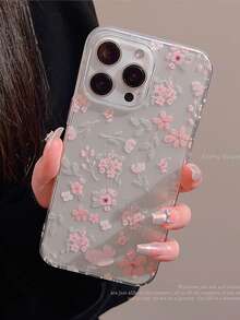 1 pieza Funda de teléfono de silicona transparente con flores rosas, funda protectora de teléfono transparente, funda de teléfono con flores, apta para iPhone 16/15/Plus/Pro/Pro Max, anti-caída, resistente al agua, resistente a los arañazos