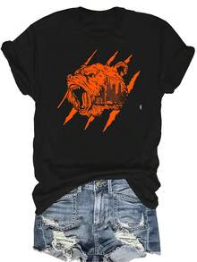 Camiseta unisex de manga corta con cuello redondo, estampado de silueta de oso caminando en el horizonte de la ciudad de Chicago, de estilo casual y transpirable, adecuada para adolescentes y adultos - Negro - Ver 1