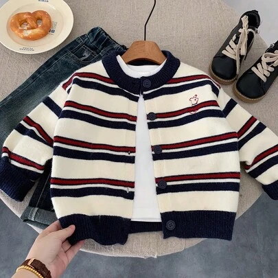 Boys' Striped Cardigan Sweater, 2025 Autumn New Casual Retro Contrast Color Cute Korean Style Loose Jacket
