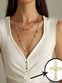 3 件套全新波西米亚/金色圆形珍珠、豹纹、心形、十字架、Y 形长项链套装，适合派对、庆典、度假，珍珠排列随意