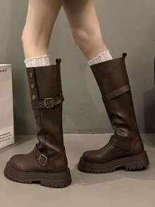 女士粗跟厚底系带高筒靴，复古做旧皮革搭扣时尚长靴，过膝长靴，2025秋冬春秋新款，派对必备 - 棕色 - 查看 4