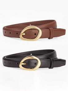 1pc/2pcs Women Asymmetric Gold Buckle Solid Color Casual Versatile Decorative Belt, Suitable For Jeans, Dresses And Women Pants, PU Leather Ladies Belt
